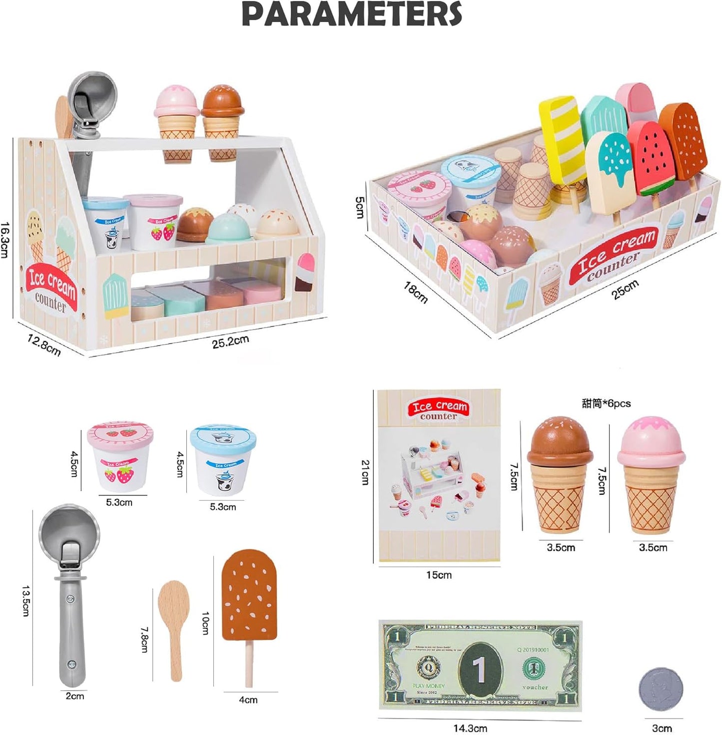 BEACENOV Wooden Pretend Play Ice Cream Counter for Kids, Toddler Wooden Toys, 45 Pcs Play Food Set, Scoop and Serve Ice Cream Station Playset