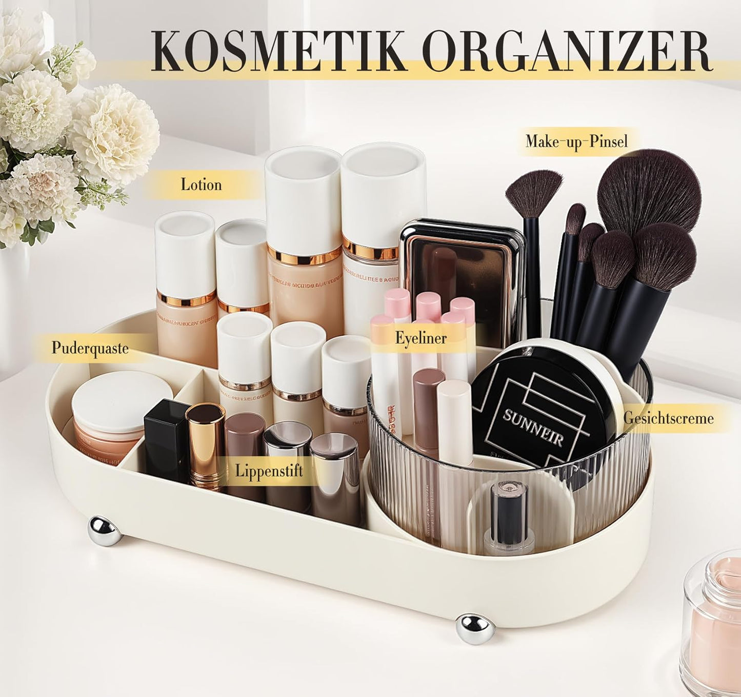 ilauke 360° Rotating Makeup Organizer with Drawers - Multifunctional Vanity Table Organizer for Bathroom and Bedroom, Generous Capacity, Bathroom Organizer (Beige)