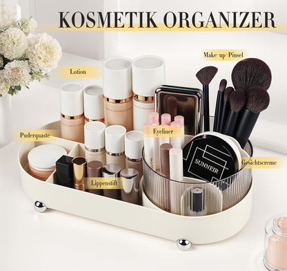 ilauke 360° Rotating Makeup Organizer with Drawers - Multifunctional Vanity Table Organizer for Bathroom and Bedroom, Generous Capacity, Bathroom Organizer (Beige)