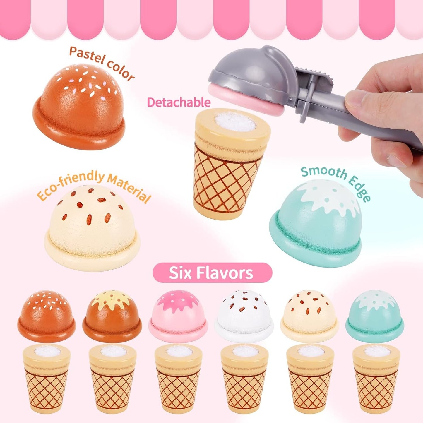 Wooden Ice Cream Toys for Toddlers 3-5, Kids Wooden Toys Play Kitchen Accessories, Play Food Sets for Kids Kitchen, Pretend Play Toys Gifts for 3 4 5 Year Old Girls Boys Birthday Christmas