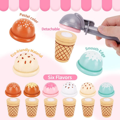 Wooden Ice Cream Toys for Toddlers 3-5, Kids Wooden Toys Play Kitchen Accessories, Play Food Sets for Kids Kitchen, Pretend Play Toys Gifts for 3 4 5 Year Old Girls Boys Birthday Christmas