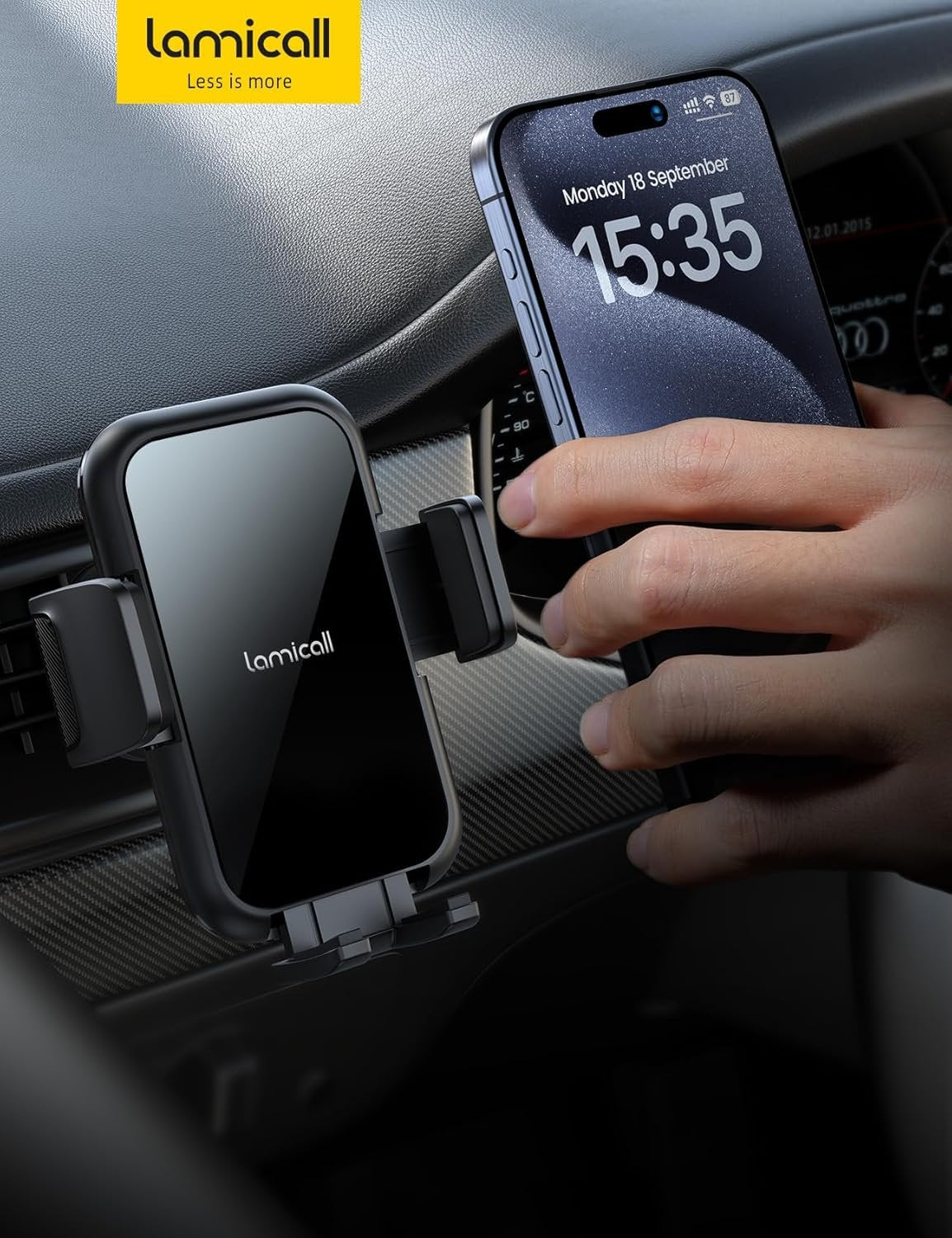 Lamicall Car Vent Phone Mount - 2024 Wider Clamp & Metal Hook Air Vent Phone Holder Cradle, [Thick Cases Friendly] Cellphone Vent Clip, 360 Adjustable Stand for iPhone 15 14 13 Pro Max (Lucite Black)