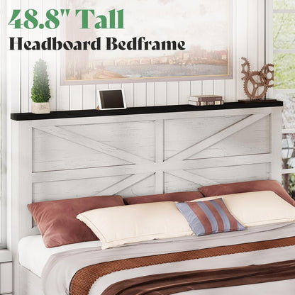 Jocisland 48.8" Farmhouse Wood Bed Frame Full Size with Sliding Barn Door Storage Cabinets and Headboard, No Box Spring Needed, Solid Wood Slats Support, No Squeak, Antique White