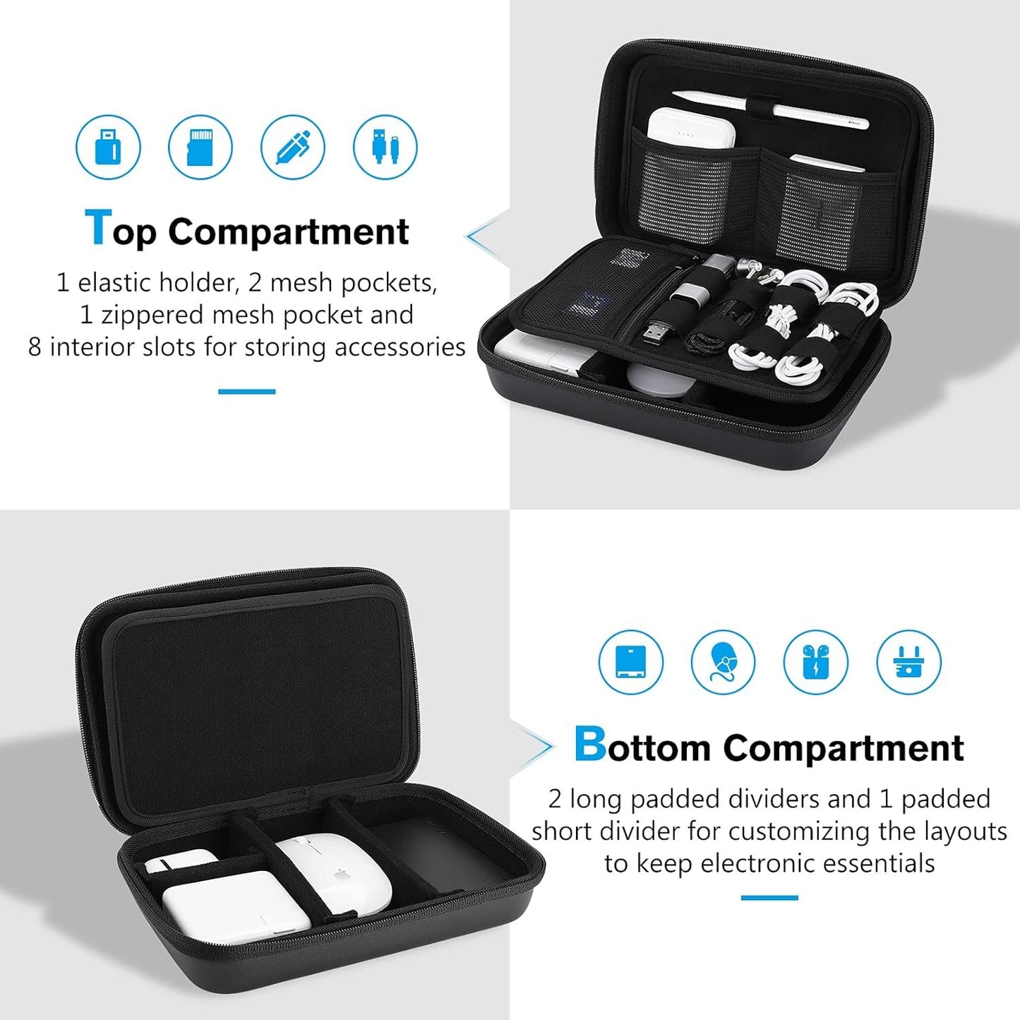 ProCase Hard Travel Electronic Organizer Case for MacBook Power Adapter Chargers Cables Power Bank Apple Magic Mouse Apple Pencil USB Flash Disk SD Card Small Portable Accessories Bag â€“Black