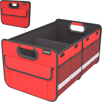 Homeve Trunk Organizer, Car Storage, Reinforced Handles, Collapsible Multi-Compartment Car Organizers, Foldable, Waterproof, 2 Compartments, Suitable for Car Accessories, SUV (Red, Standard)