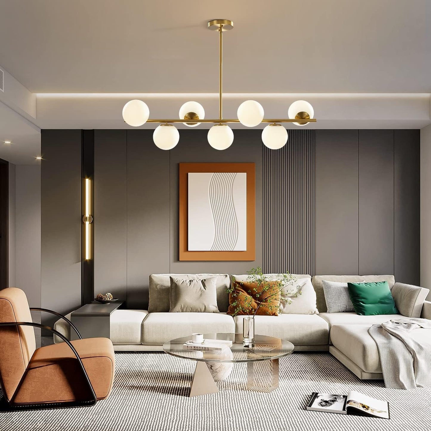 KCO Modern Gold Chandeliers Brushed Brass Ceiling Pendant Light Globe Glass Hanging Light for Dining Room Living Room Bedroom (7-Light)