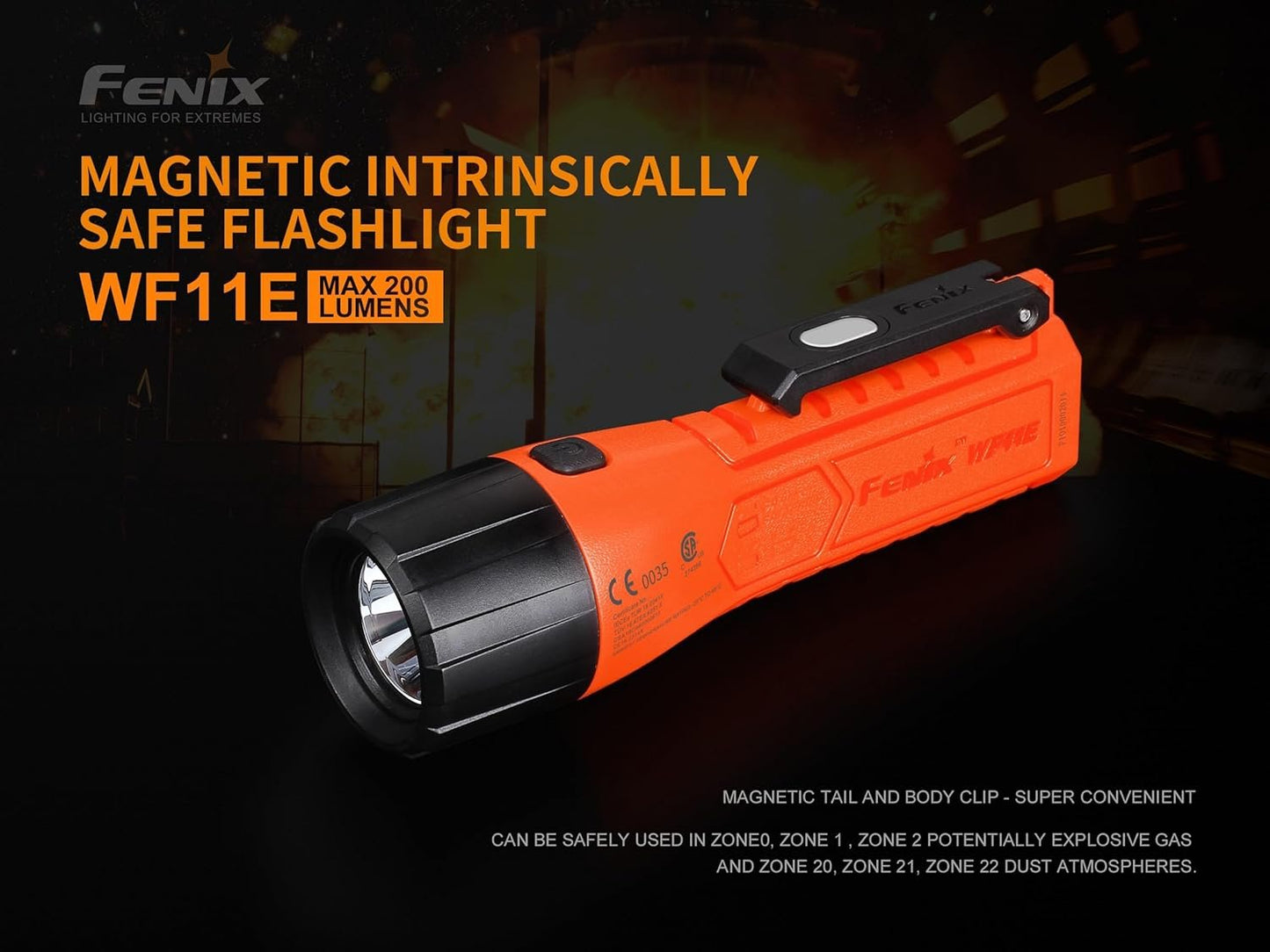 Fenix WF11E 200 Lumen Led Torch with 185m Beam with 50000hrs Lifespan – IP67 Waterproof Tactical Flashlight with 3 Brightness Levels Explosion-Proof Emergency Torch Light (Orange)