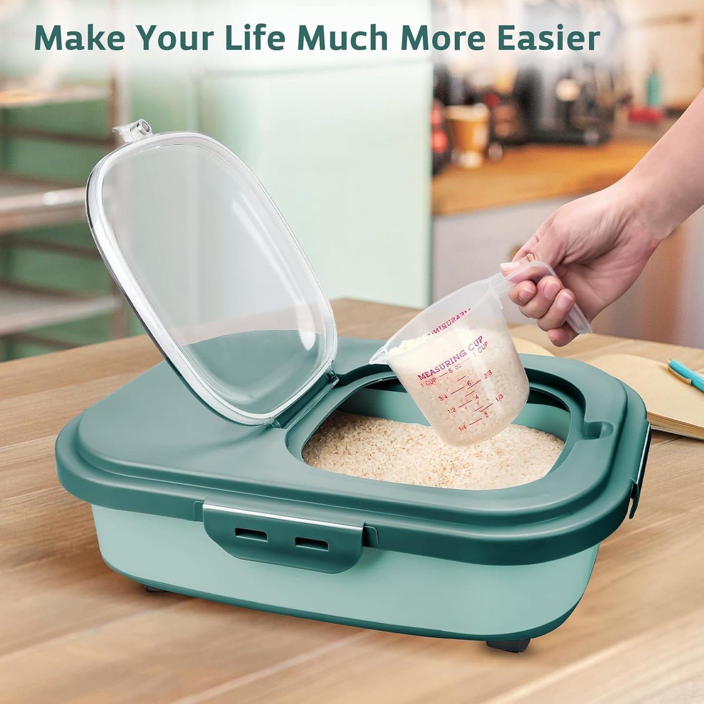 Komzon Rice Storage Containers, Collapsible 10 to 30Lbs Food Storage Bin Dispenser with Rolling Wheel and Clear Airtight Lid, BPA Free Flour, Sugar, Cereal and Dog Cat Pet food Containers