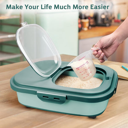 Komzon Rice Storage Containers, Collapsible 10 to 30Lbs Food Storage Bin Dispenser with Rolling Wheel and Clear Airtight Lid, BPA Free Flour, Sugar, Cereal and Dog Cat Pet food Containers