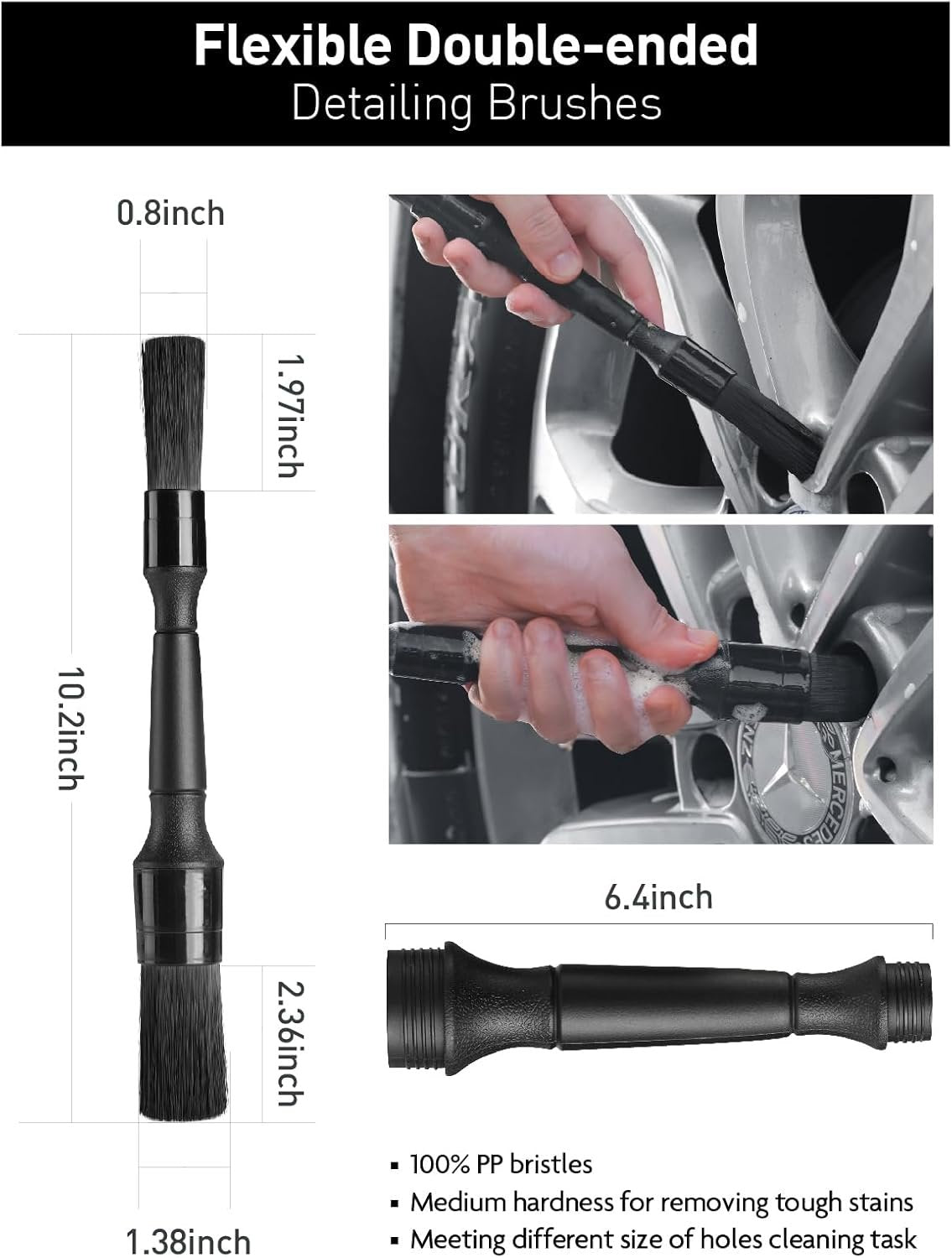 Fantasticlean 7PCS Car Wheel Cleaning Pro Kit, Tire Brush, Soft-bristled Rims Brush, Microfiber Flat Wheel Brush, Double-Ended Detailing Brush, Detailing Pads, Scratch-Free & Multipurpose