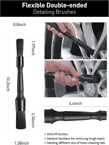 Fantasticlean 7PCS Car Wheel Cleaning Pro Kit, Tire Brush, Soft-bristled Rims Brush, Microfiber Flat Wheel Brush, Double-Ended Detailing Brush, Detailing Pads, Scratch-Free & Multipurpose