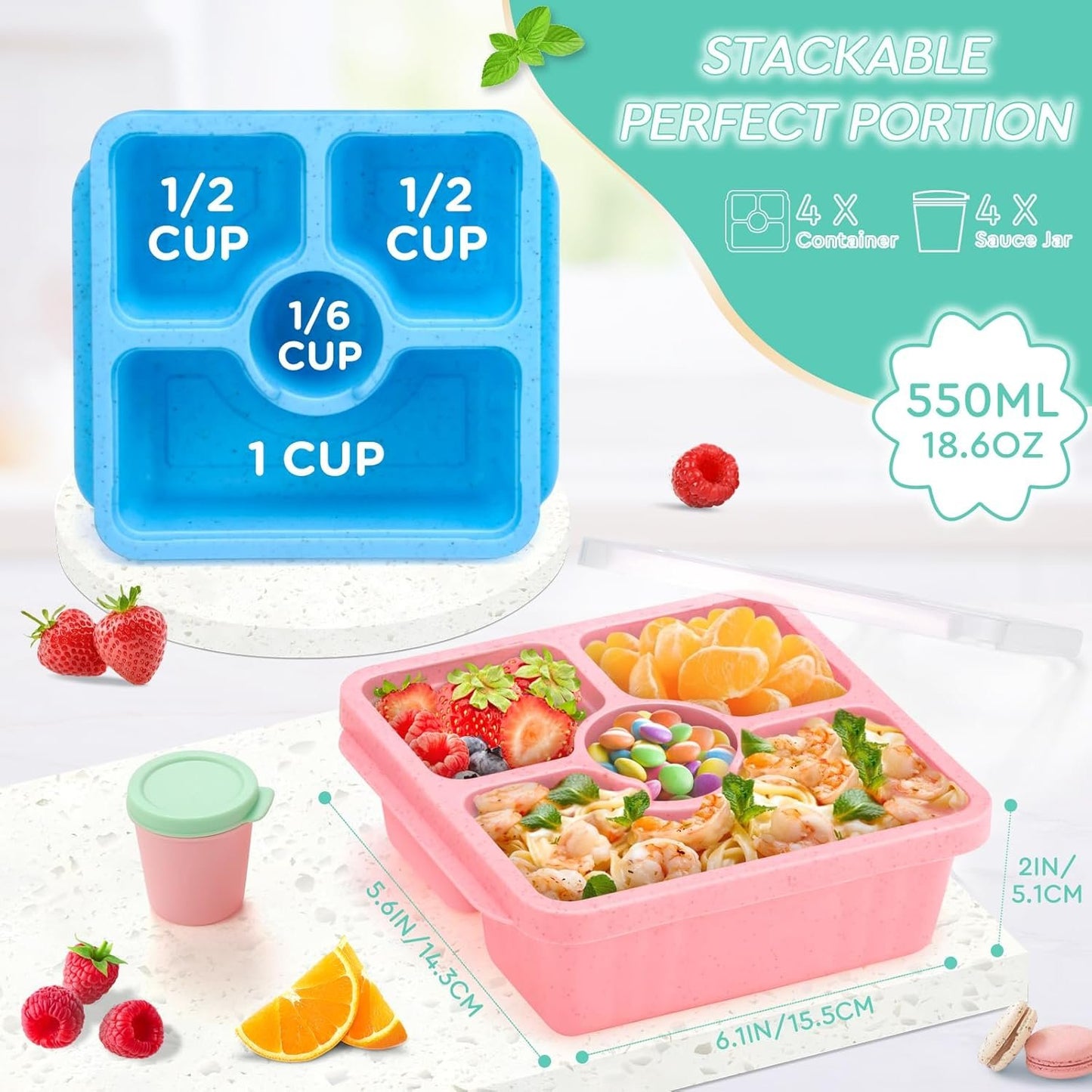 QQKO Bento Snack Box for Adults Kids, Lunchable Meal Prep Container Reusable, 4 Pack Divided Food Storage With Lids, Stackable Lunch Box With Sauce Cups, Pastel