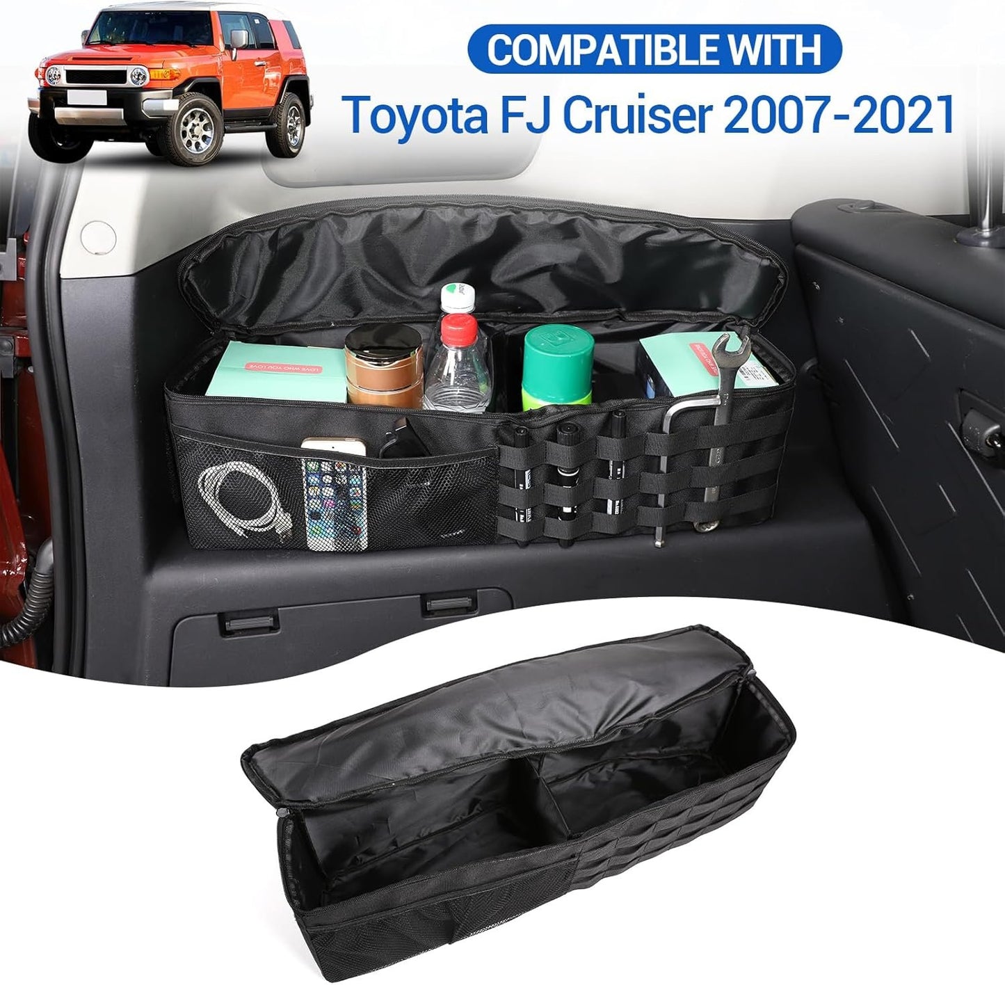 Car Trunk Organizer Compatible with Toyota FJ Cruiser 2007-2021, Rear Left Storage Organizer Multi-Compartment Oxford Cloth Car Storage Bag Space Saving, 1PCS, Black