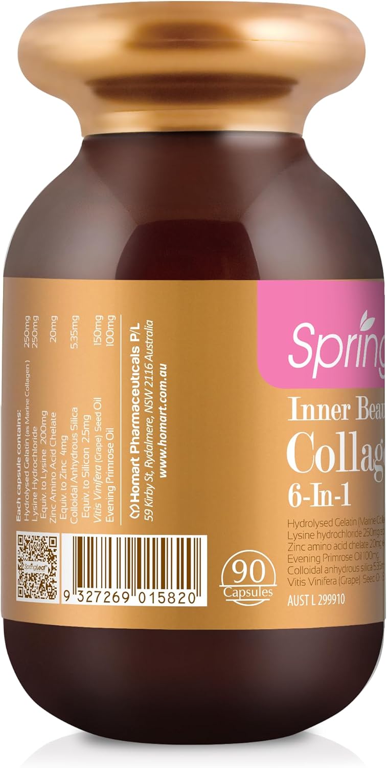 Spring Leaf Inner Beauty Collagen 6-In-1 90 Capsules - Hydrolyzed Marine Collagen - Add Grapeseed For Better Antioxidant - Improve Skin Elasticity and Cell Repair