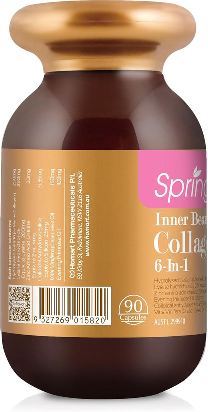Spring Leaf Inner Beauty Collagen 6-In-1 90 Capsules - Hydrolyzed Marine Collagen - Add Grapeseed For Better Antioxidant - Improve Skin Elasticity and Cell Repair
