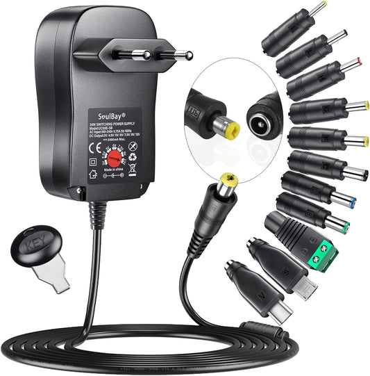 Soulbay 36 W Universal Power Supply, 12 V Universal AC/DC Adapter Charger Transformer with 11 Adjustable DC Tips for 3-12 V CCTV Camera for Home Electronics – 3000 mA Max.