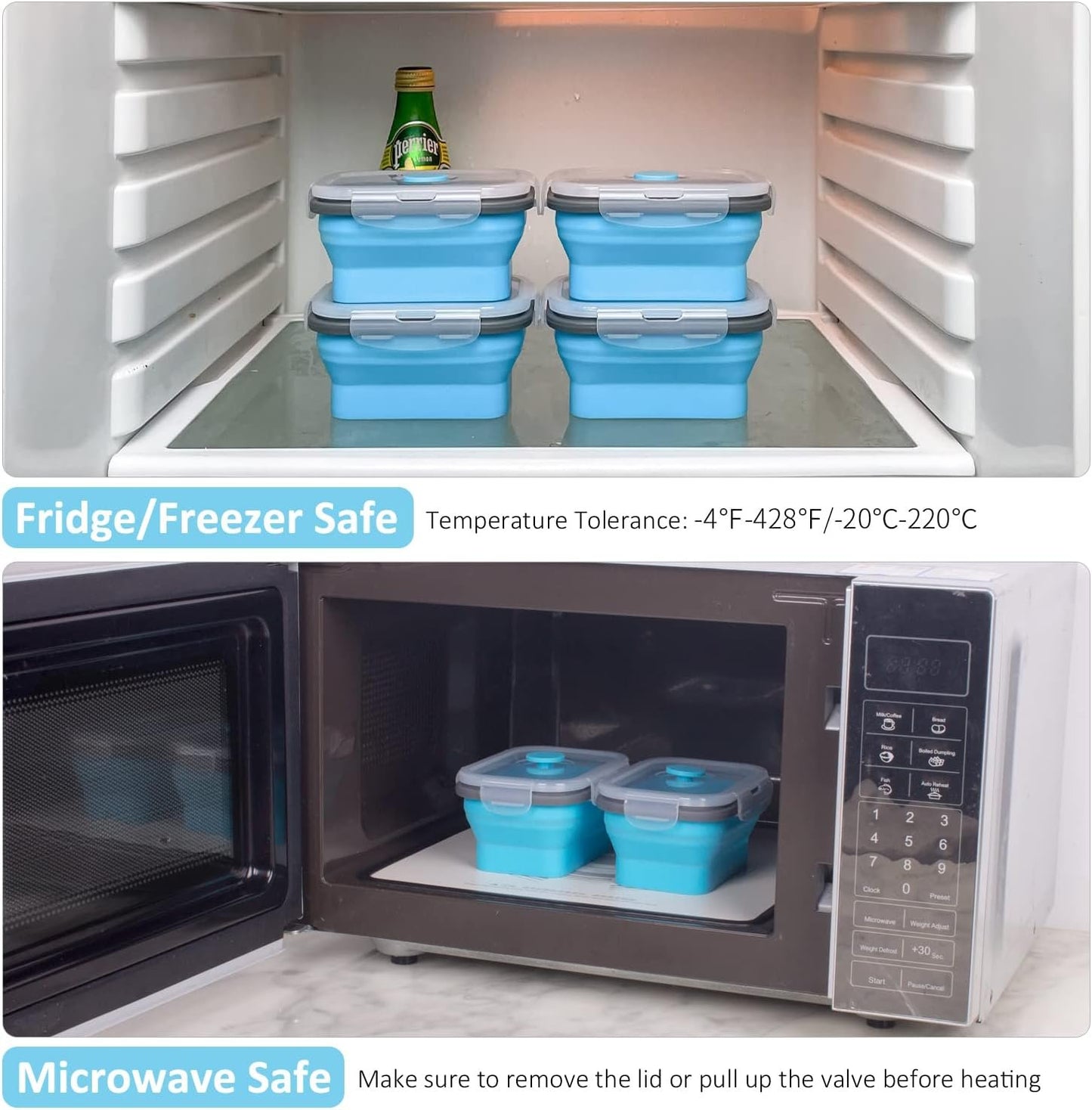 Collapsible Food Storage Containers with Airtight Lid and Vent Valve, Stacking Silicone Collapsible Storage Containers for Food, Microwave & Freezer & Dishwasher Safe, Blue, Small, Set of 4