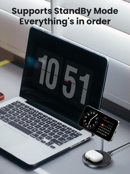 UGREEN 2-in-1 Qi MagFlow Wireless Charger, MagSafe Charging Stand, with 1M USB-C Cable for iPhone 16/15/14/13/12 Series and AirPods Series (No AC Adapter)