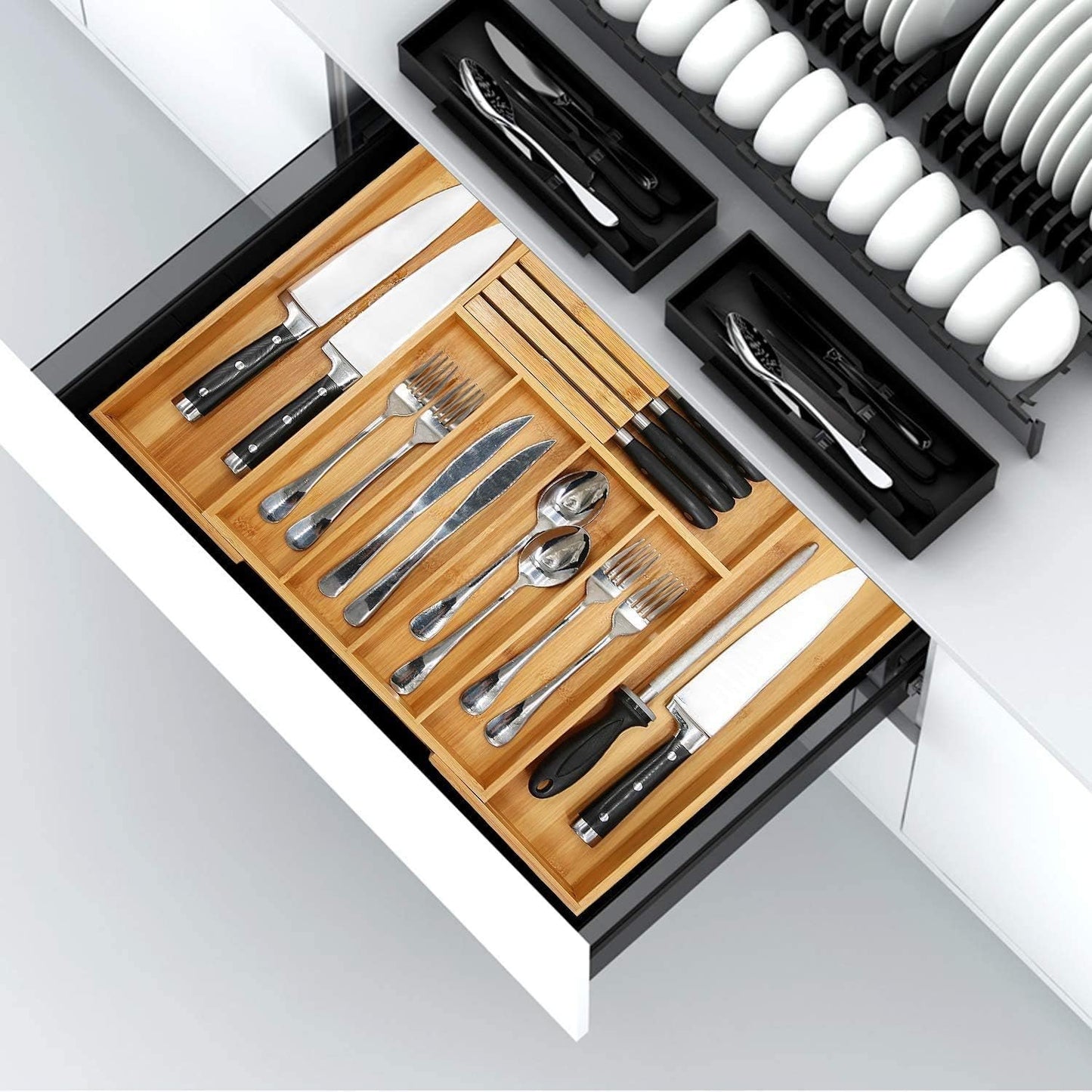 VaeFae Bamboo Cutlery Organizer for Kitchen, Wooden Utensil Drawer Organizer, Expandable Cutlery Tray, Utensil Organizer with Removable Knife Block