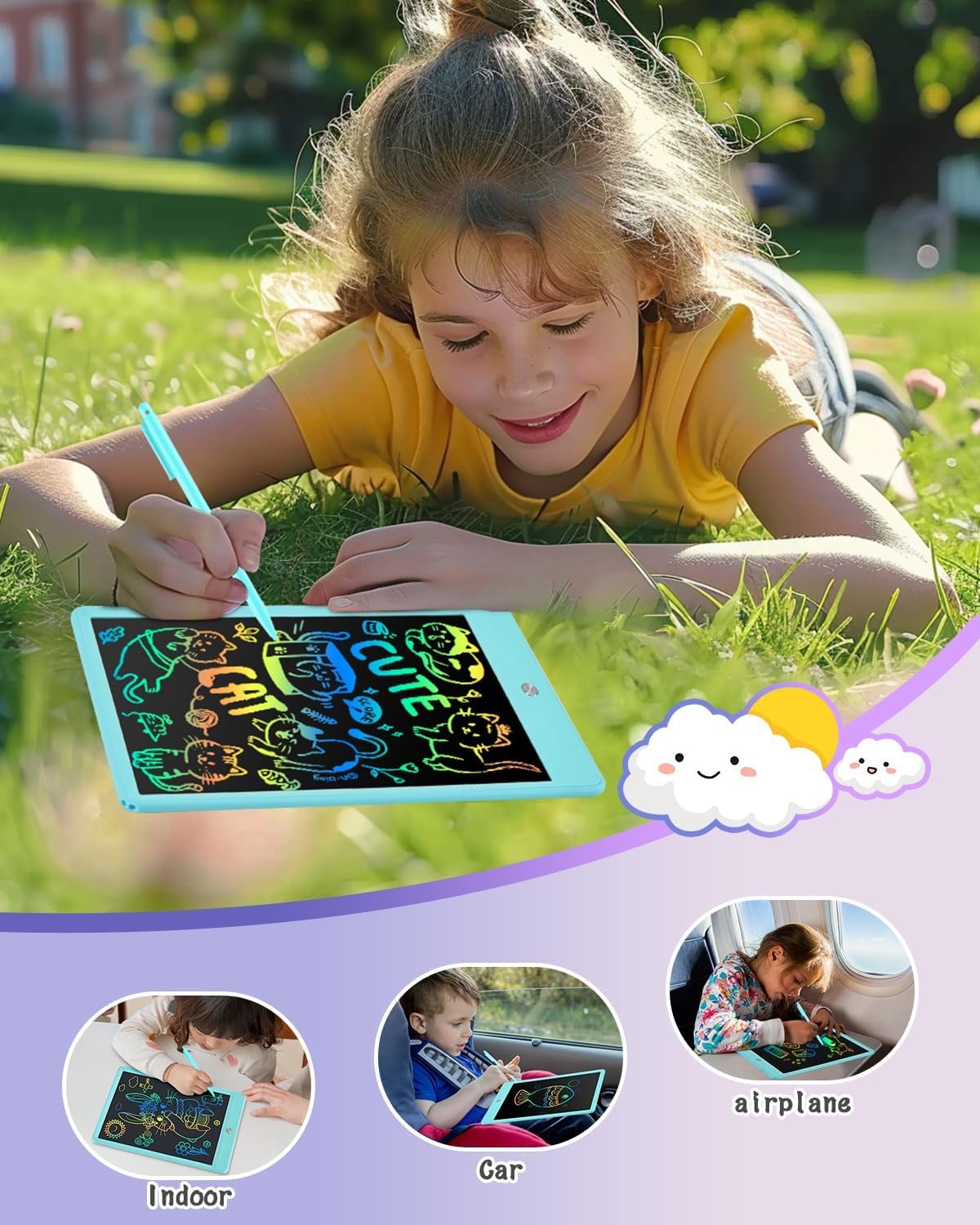 Gifts for Girls Boys, Toddles Colorful Doodle Board Drawing Tablet, 10 inch Writing Board, Educational Learning Toys Travel Gifts for Kids Age 3-9 Years, Kids Toys Portable in Car Airplane