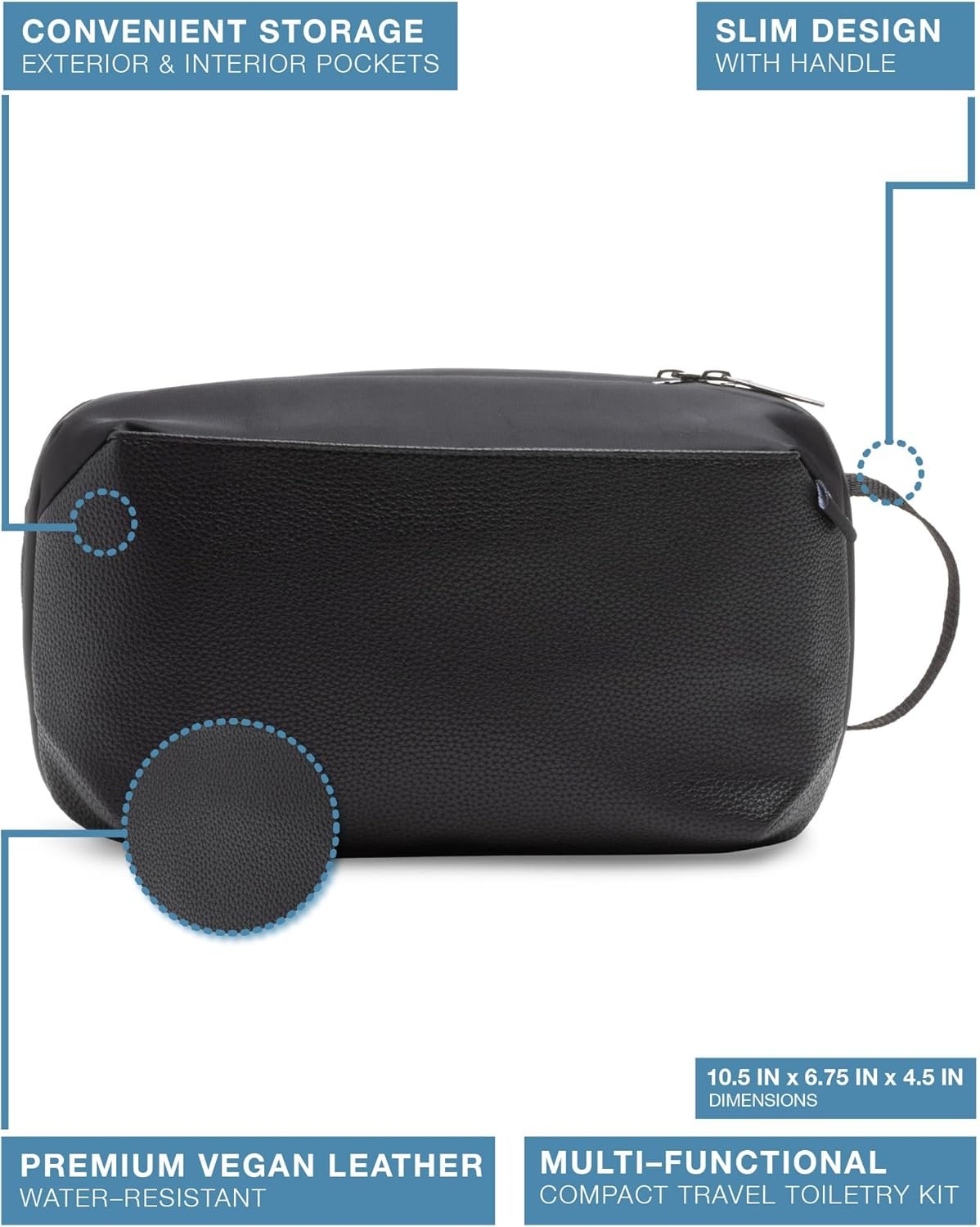Brookstone Compact Toiletry Kit - Vegan Leather Travel Toiletry Bag with Side Grab Handle - Hygiene Bag Toiletry Organizer, Black, Onesize