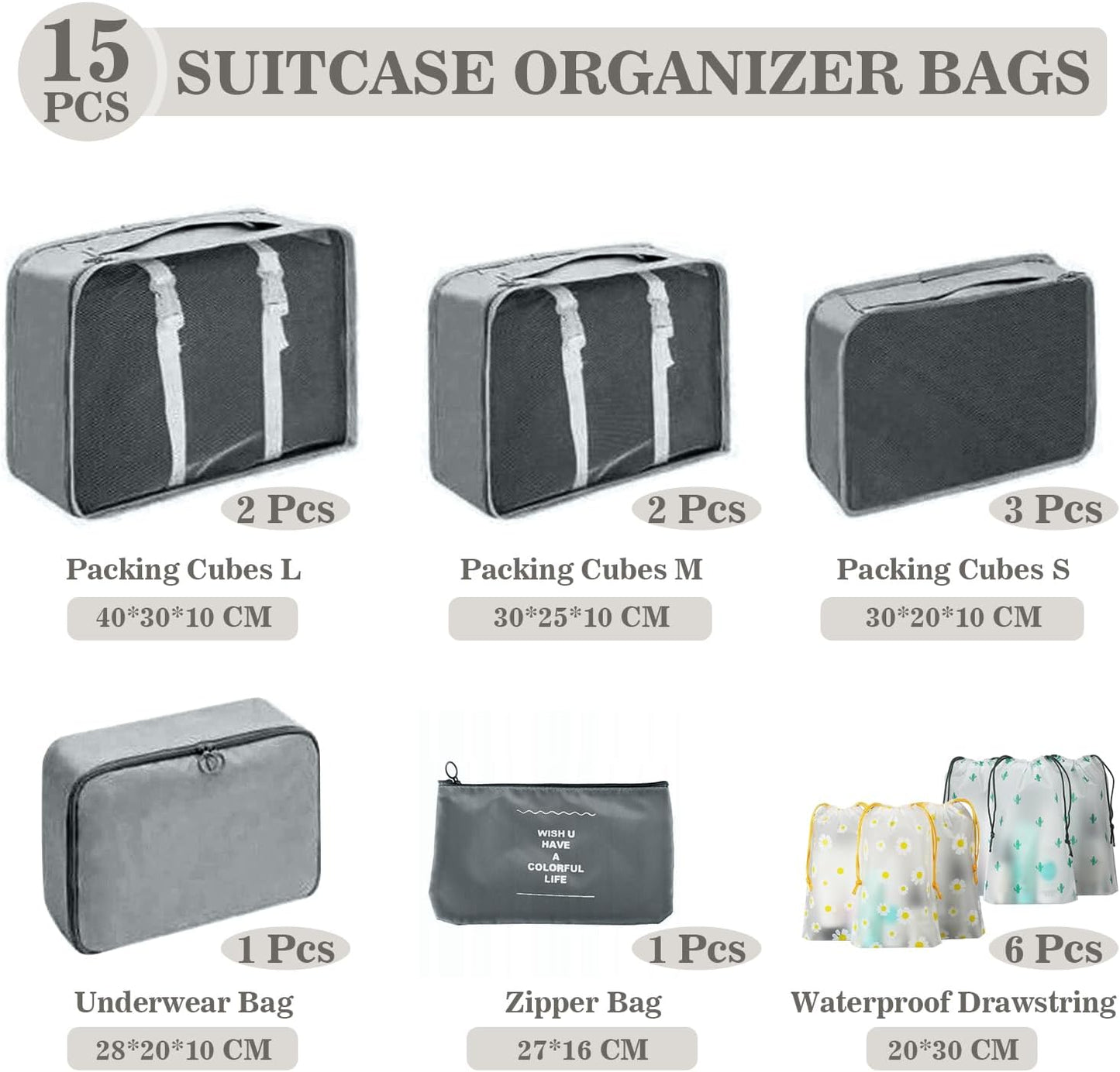 GIBOHOM Suitcase Organizer Set, 15 Pieces Space Saver, Packing Cubes for Holiday and Travel, Dividers Suitcase, Travel Organizer with Transparent Pockets, Grey
