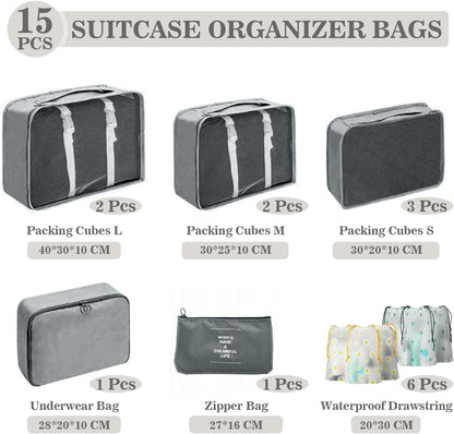 GIBOHOM Suitcase Organizer Set, 15 Pieces Space Saver, Packing Cubes for Holiday and Travel, Dividers Suitcase, Travel Organizer with Transparent Pockets, Grey