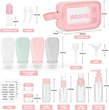 Noideeer 18 Pcs Silicone Travel Bottles Set Aviation Approved Liquid Containers Suitable for Shampoo, Lotion, Rinse, Shower Gel, with Labels and Travel Beauty Case