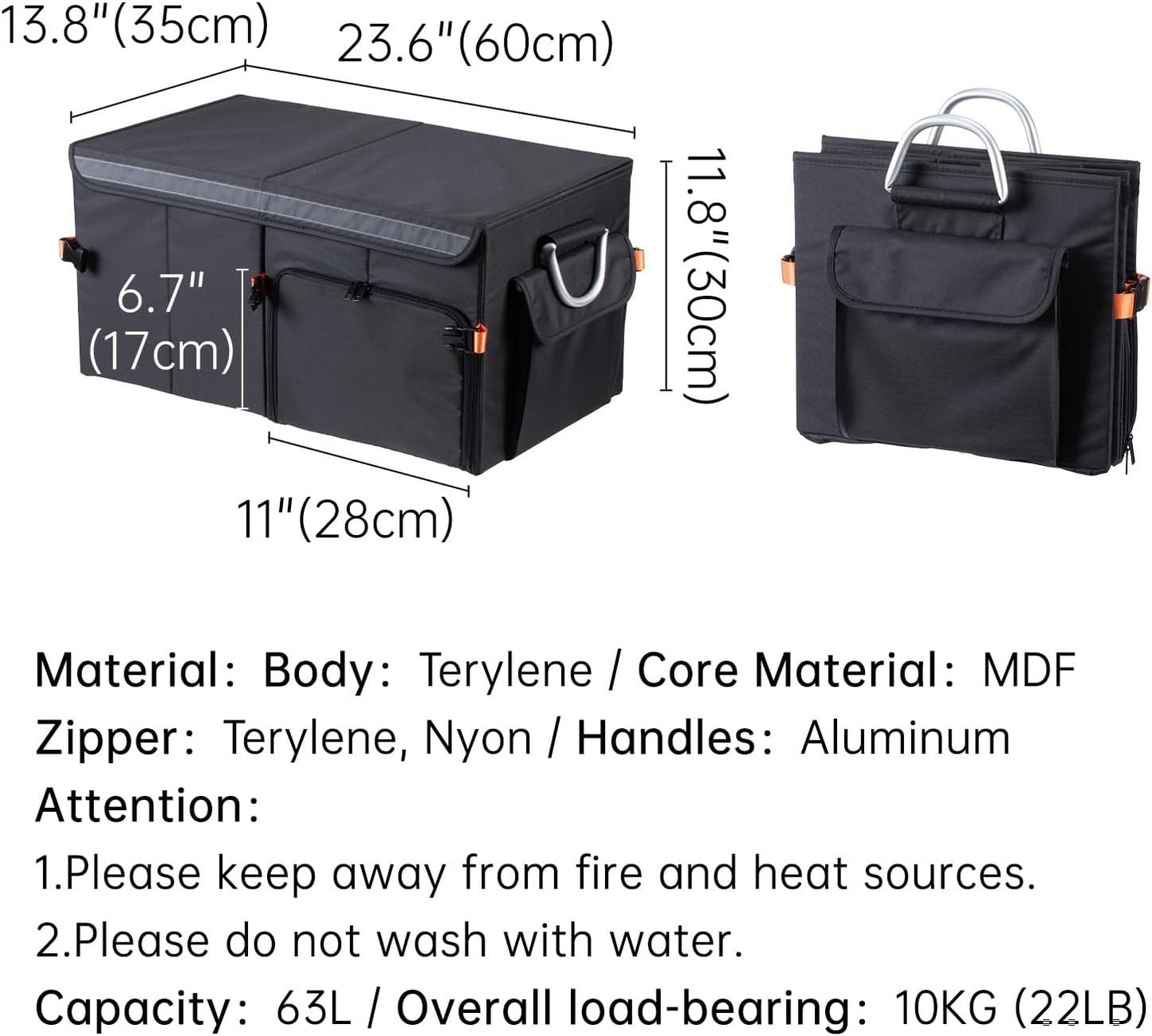 SHIMOYAMA Trunk Organizer, 63L Foldable Car Storage Box for Camping, Picnic, Collapsible Multi Compartments for SUV, Car Storage Bin with Aluminum Handles, Black