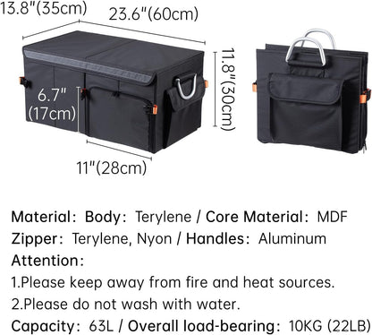 SHIMOYAMA Trunk Organizer, 63L Foldable Car Storage Box for Camping, Picnic, Collapsible Multi Compartments for SUV, Car Storage Bin with Aluminum Handles, Black