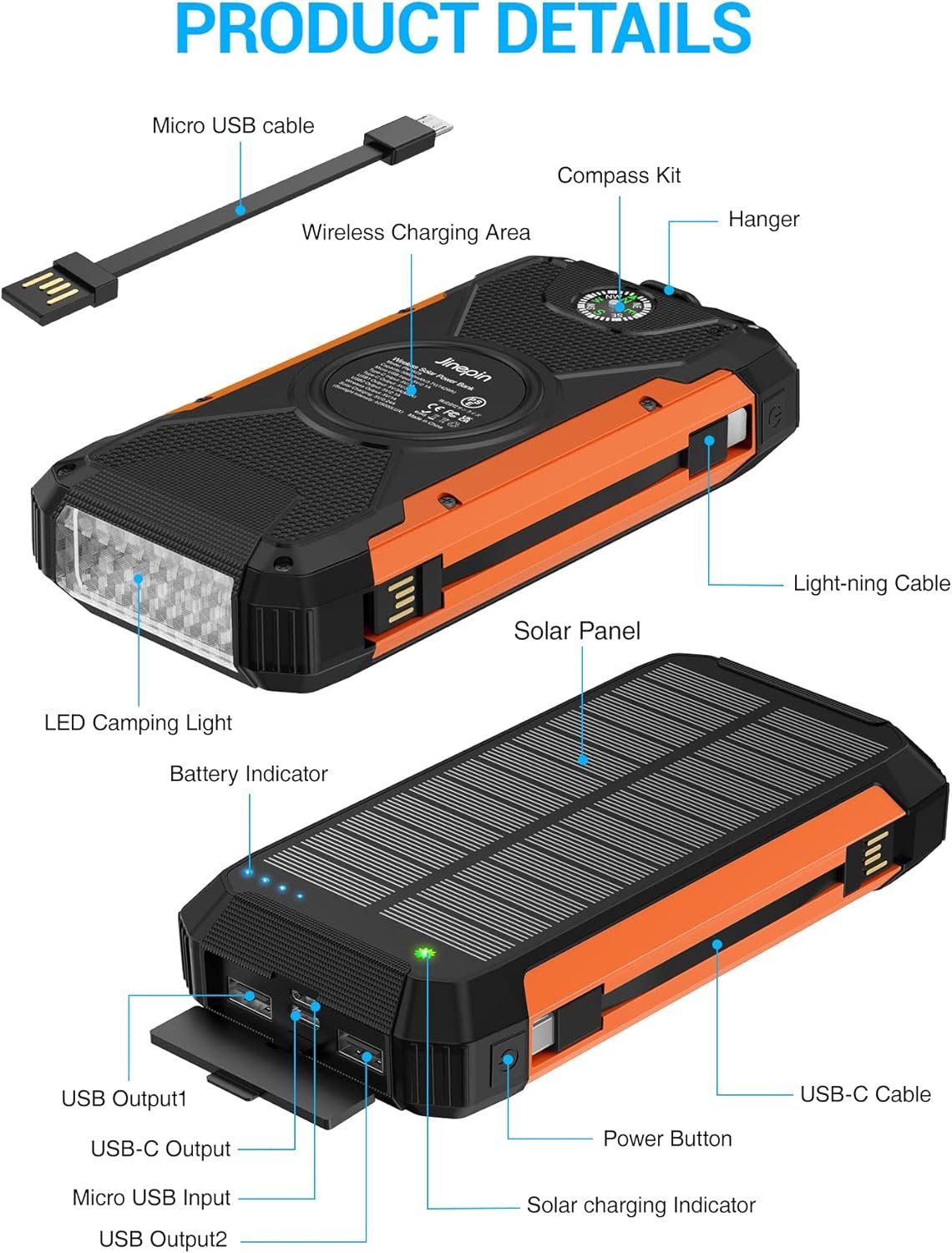 Solar Power Bank 38600mAh Solar Charger Built in 3 Cables Qi Wireless Portable Charger External Battery Pack 5V3A Fast Charge with 4 Outputs 2 Inputs and Led Flashlight Compass