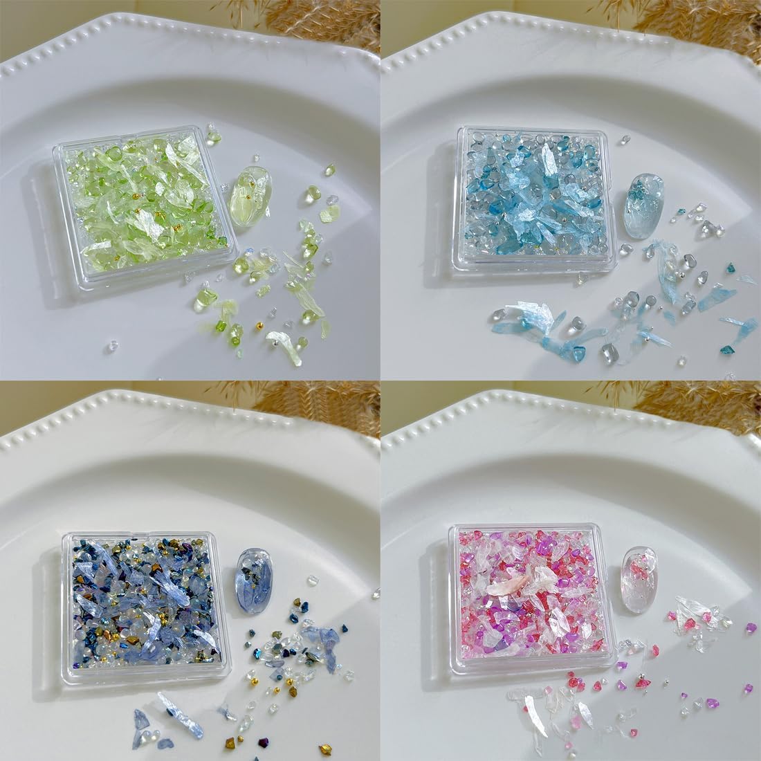 EIH 4 Pieces Nail Art Decorations, Crystal Rhinestones, Transparent Crystal, Crushed Shell Pieces, Natural Stone Decoration, 3D Nail Art, Nail Accessories, Glitter Make Up