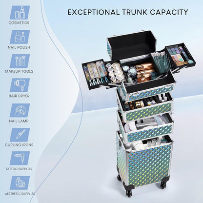 Stagiant Rolling Makeup Case Cosmetology Case on Wheels 4 in 1 Makeup Travel Case Large Cosmetic Organizer Storage with Key Swivel Wheels Nail Artist Salon Traveling Cart Trunk Watery Blue