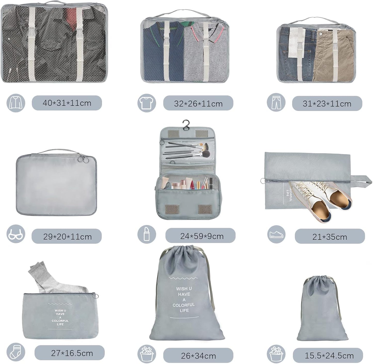 Travel Suitcase Organizer Set of 9 Cubes Packing Bags Waterproof Travel Bags for Holiday and Travel, for Clothing, Cosmetics, Shoes, Underwear, Grey