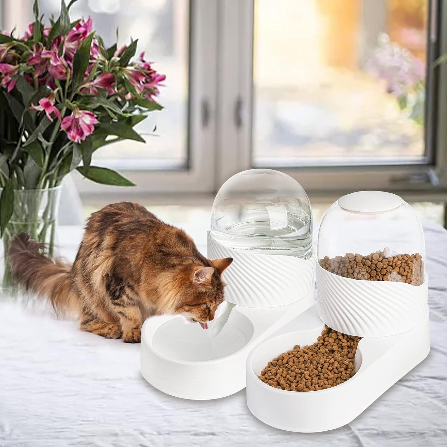 Hacaroa 2 Pack Automatic Cat Feeder and Water Dispenser, 2 L Gravity Pet Food Feeder and Waterer Set, Self Feeding Dog Bowl for Small Pets, Puppy, Kitten, 100% BPA-Free, Easily Clean, White