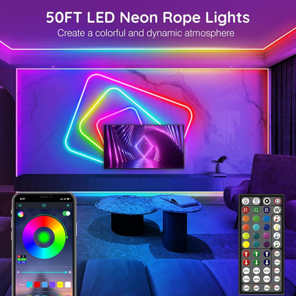 AILBTON 15 m Led Neon Rope Lights, Flexible Led Rope Lights, Control with App/Remote, Multiple Modes, IP65 Outdoor RGB Neon Lights Waterproof, Music Sync Gaming Led Neon Strip Lights for Bedroom