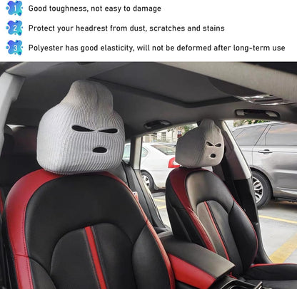 Suvnie 2 PCS Car Headrest Cover, Personalized Funny Car Seat Full Face Mask, Ski Mask Wrap Protection for Auto Front Seat Rest Decoration, Universal Interior Car Accessories (White)