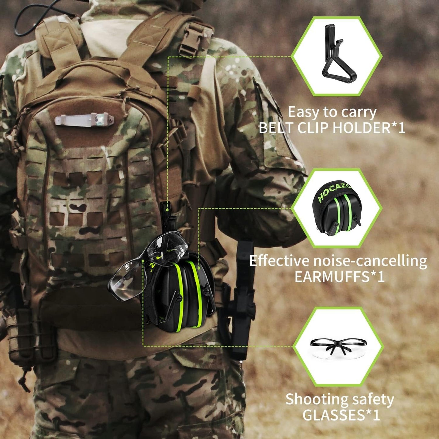 Hocazor Shooting Ear Protection Earmuffs with NRR 26dB, Safety Glasses for Men, Eyes and Ears Belt Clip Holder, HZ03 Perfect for Gun range, Hunting, Mowing-Green