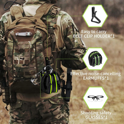 Hocazor Shooting Ear Protection Earmuffs with NRR 26dB, Safety Glasses for Men, Eyes and Ears Belt Clip Holder, HZ03 Perfect for Gun range, Hunting, Mowing-Green
