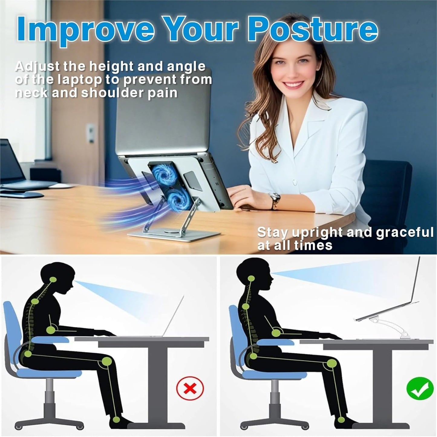 Adjustable Laptop Stand & Cooling Pad with Fan USB Hub Compatible with 10 to 15 Inches Notebook Computer, Ergonomic Computer Riser for Desk, Laptop Radiator-White