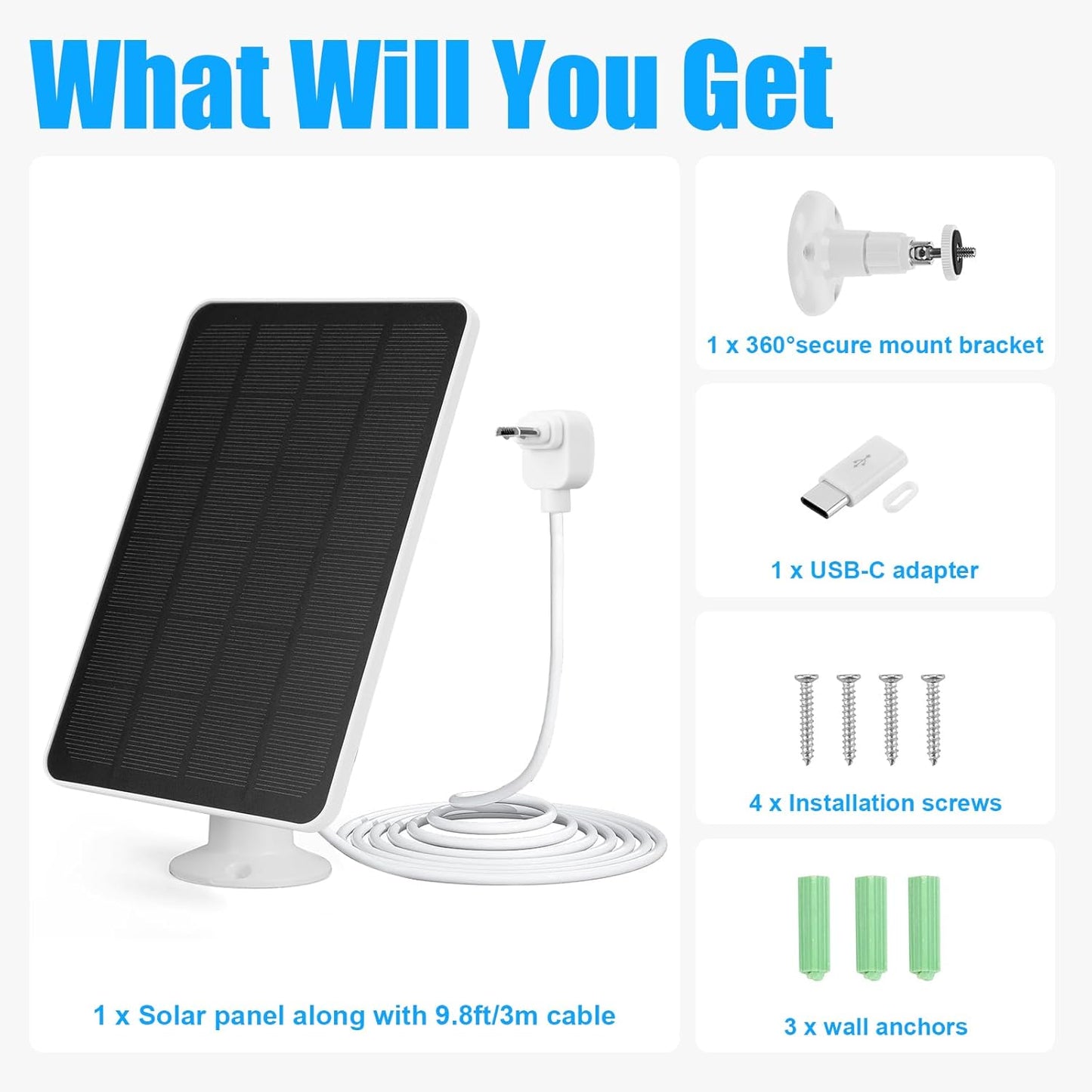 AZURAOKEY Solar Panel Charger Compatible with Arlo Essential Spotlight/XL Spotlight, 4W/6W Arlo Essential Solar Panel Charger, Waterproof with 9.8ft Micro USB Cable & Wall Mount