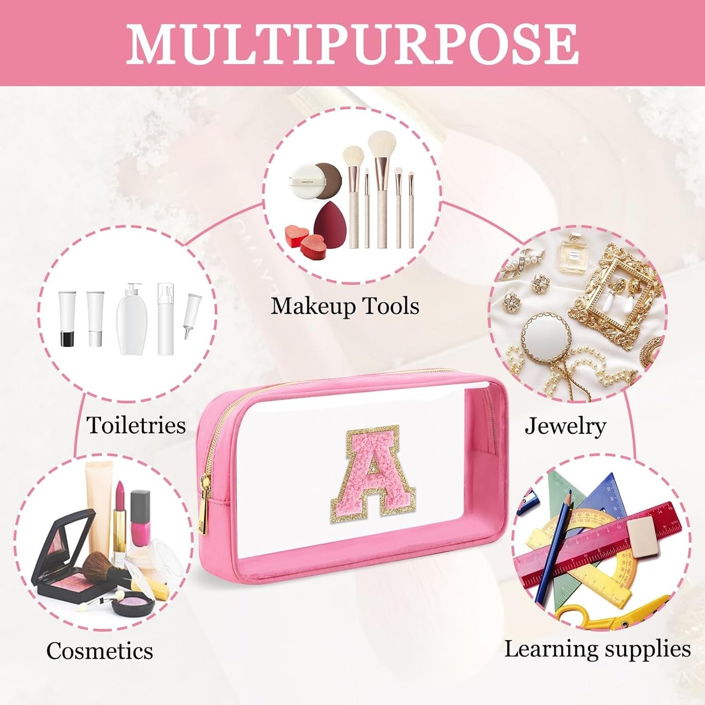 Iqimott Mini Clear Personalized Initial Makeup Bag, Nylon Preppy A-Z Chenille Letter Patch Zipper Cosmetic Bag, Small Cute Pouch Travel Coin Purse Toiletry Bag, Small-Pink, A