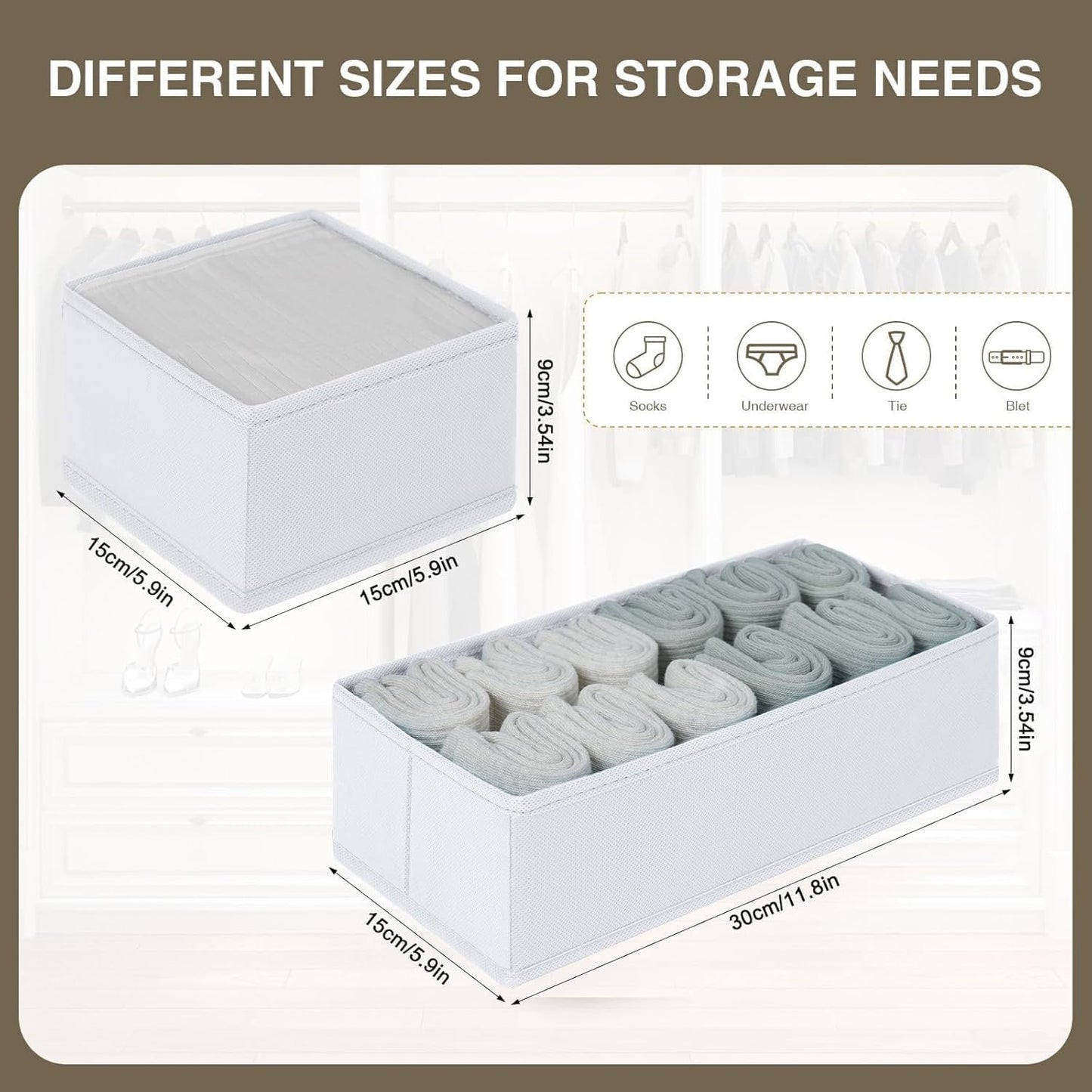 DIMJ 8 PCS Drawer Organizer Sock Organizer Underwear Drawer Organizer Divider Wardrobe Clothes Organizer Collapsible Closet Organizers Storage Box for Sock, Ties, Panties(White)