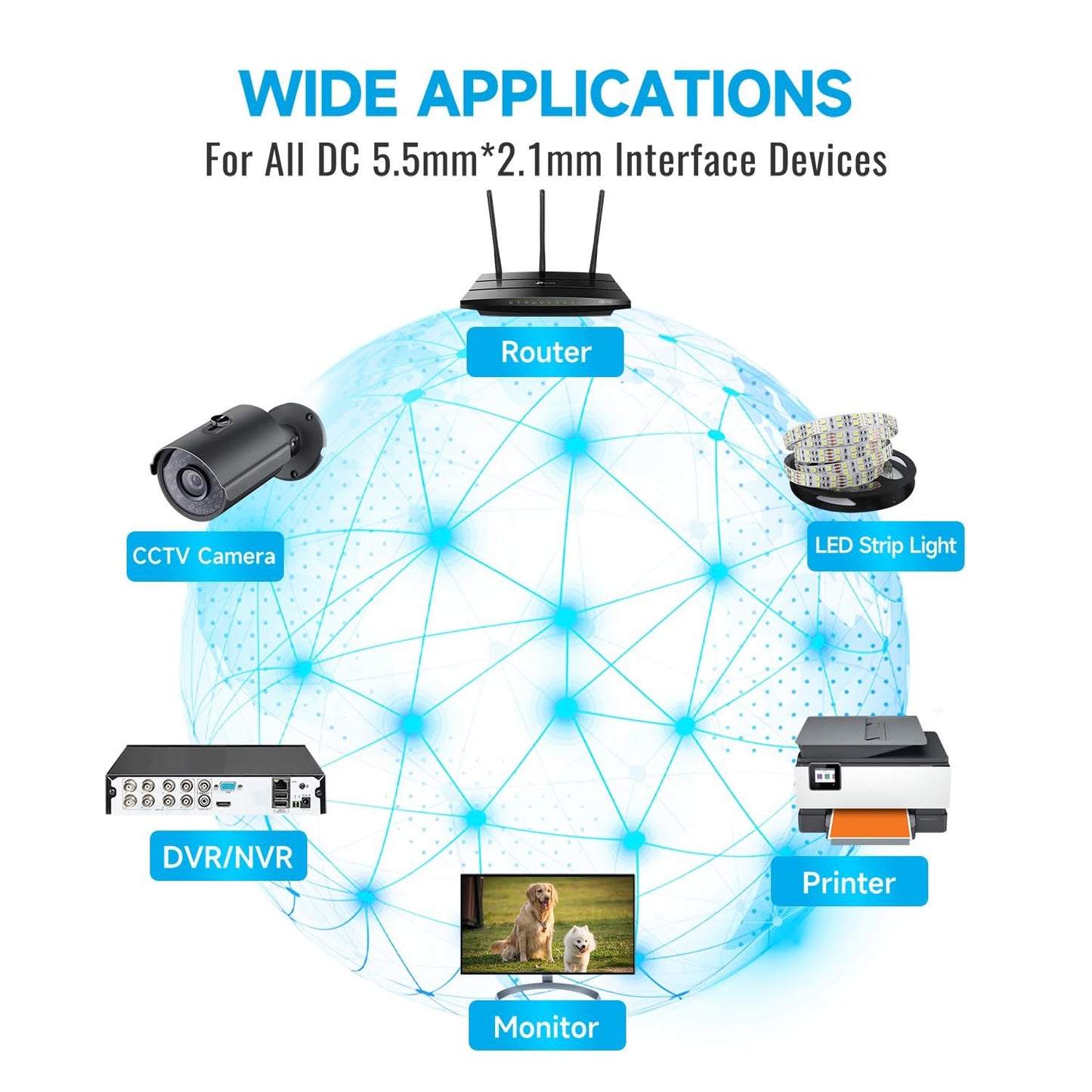 2 Pack 33ft 10M Power Extension Cable, 2PCS DC 12V 2.1mm x 5.5mm Power Adapter Extension Cord, Compatible with 12V DC Power Supply Adapter or Wall Charger for CCTV Security Camera(2Pack, White)