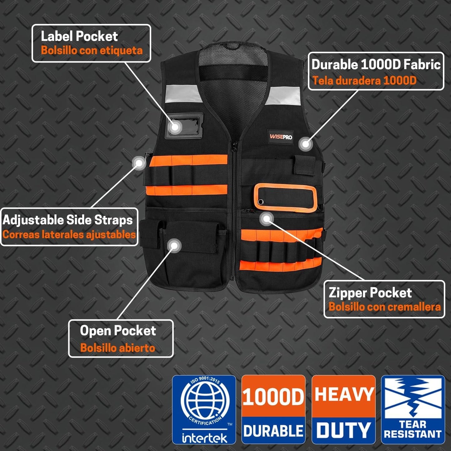 WISEPRO Tool Vest, Electrician Safety Vest with Pockets and Zippers, All Purpose Tool Vest Work Vest for Men Carpenters Electricians Handyman, Black Orange