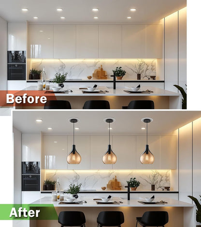 tebio R5 and R6 Recessed Can Light Conversion Kit, Light Fixture Upgrade, Pendant Light, Fan Compatible, Includes 7¾ Inch Decorative Plastic Medallion, White Finish