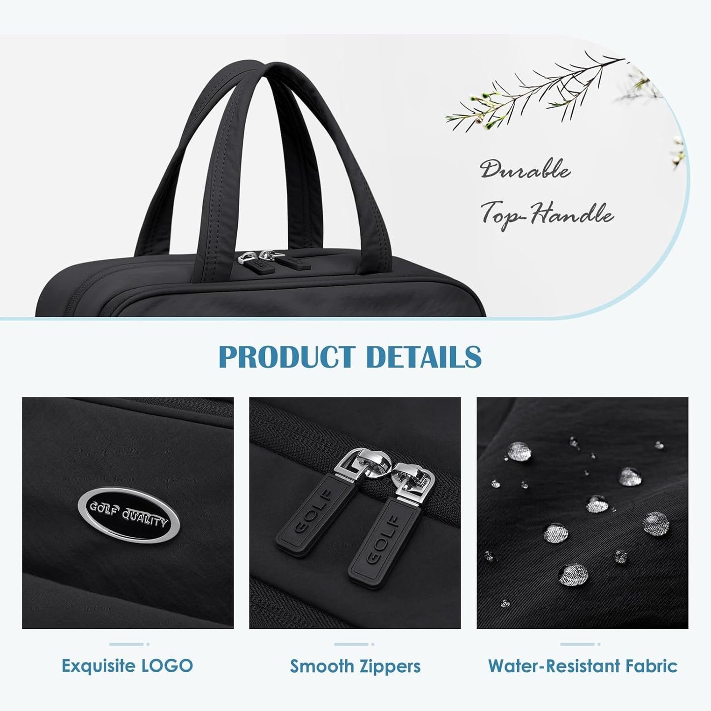 GOLF QUALITY Travel Toiletry Bag with Jewelry Organizer, Hanging Toiletry Bag for Toiletries Puffy Cosmetic Make up Bag Organizer Carry-on Travel Accessories Essentials,Black