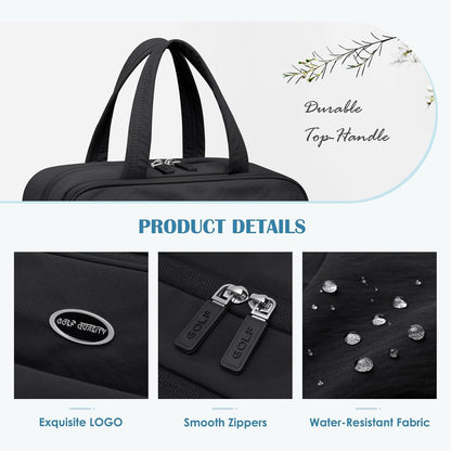 GOLF QUALITY Travel Toiletry Bag with Jewelry Organizer, Hanging Toiletry Bag for Toiletries Puffy Cosmetic Make up Bag Organizer Carry-on Travel Accessories Essentials,Black