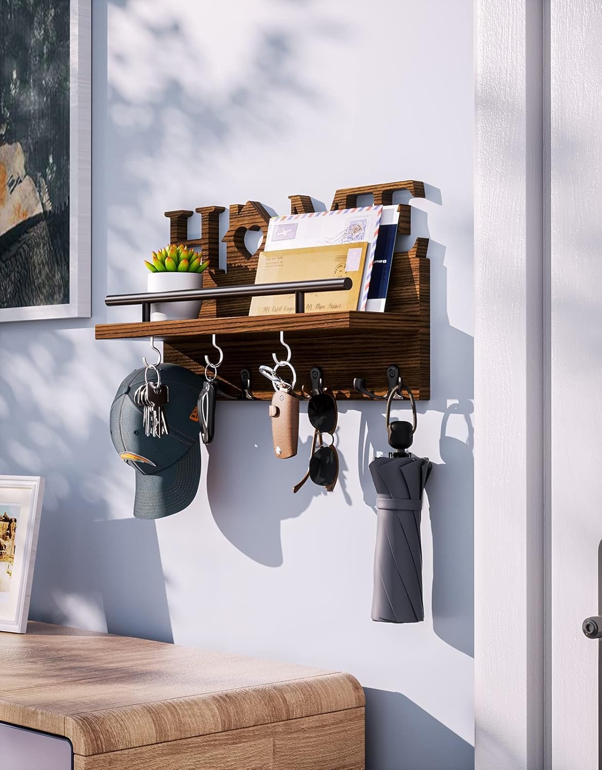 SWTYMIKI Key Holder for Wall with Home Decoration, Key Hooks Wall Mounted with 7 Sturdy Hooks, Key Hangers Home Decor Key Rack Mail Organizer for Hallway, Entryway, Mudroom,Office, Brown