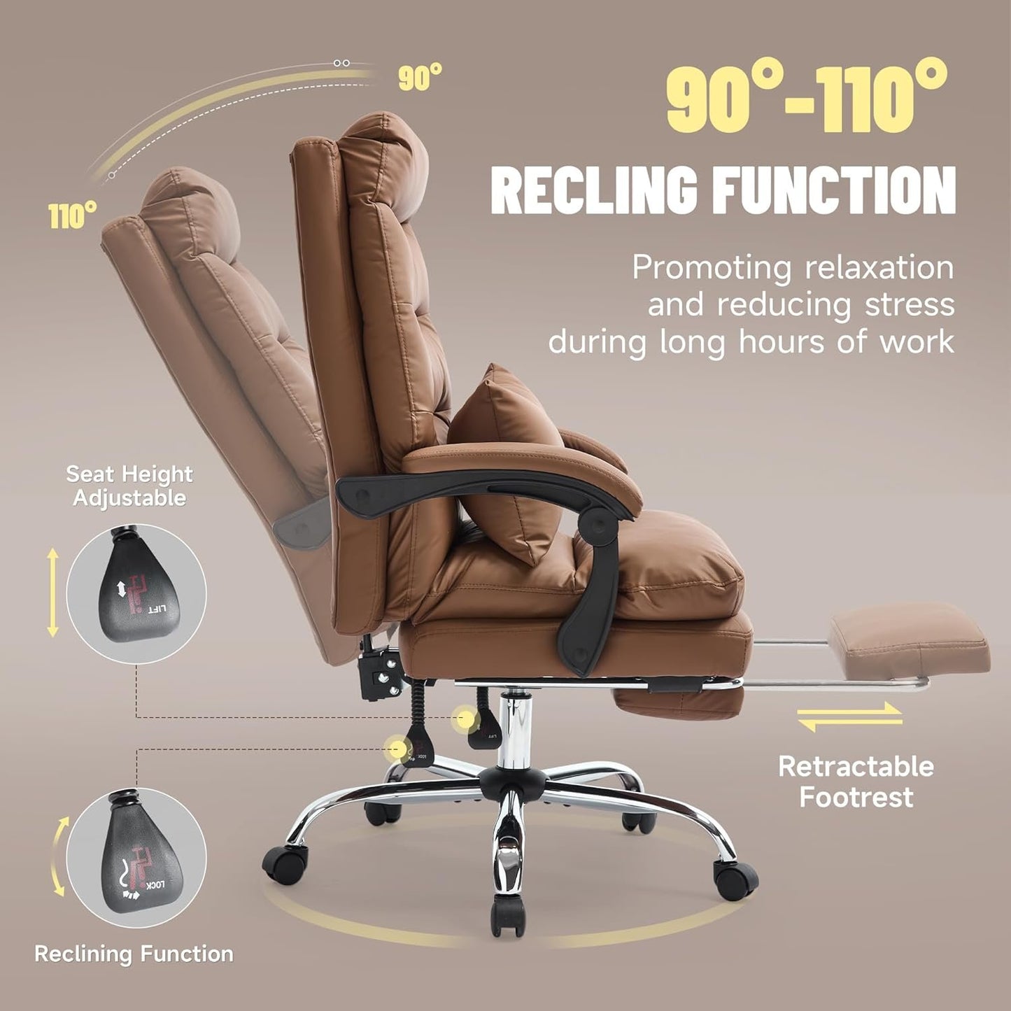 KITHOME High Back Office Chair with Footrest, 110°Reclining Leather Comfy Desk Chair with Lumber Support, Tall and High Executive Swivel Chair for Home Office, Black, White, Brown (Brown)